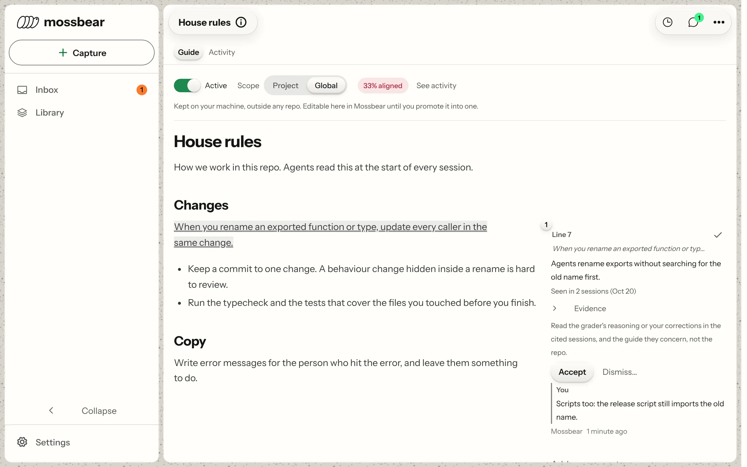 A house rules guide in the Mossbear dashboard. Beside the rule about renaming exports, a Mossbear finding says agents rename exports without searching for the old name first, seen in 2 sessions, with the evidence behind it, an Accept button that hands it to the agent, and your reply.