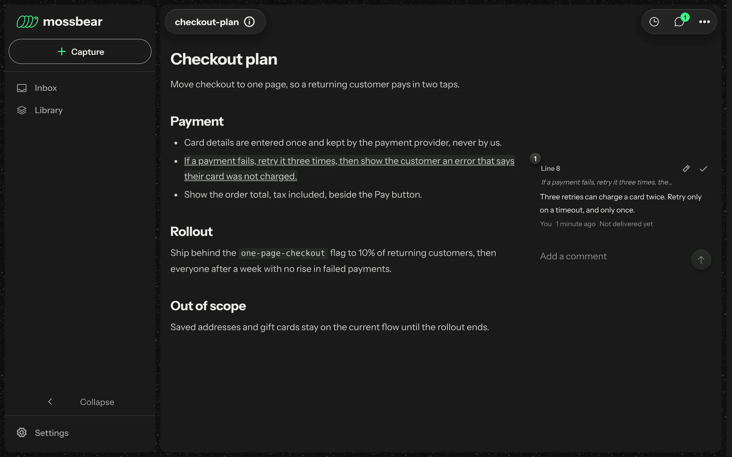 1 of 4, Comment. A plan in the Mossbear dashboard. One line about retrying failed payments has a comment beside it: three retries can charge a card twice, so retry only on a timeout, and only once.