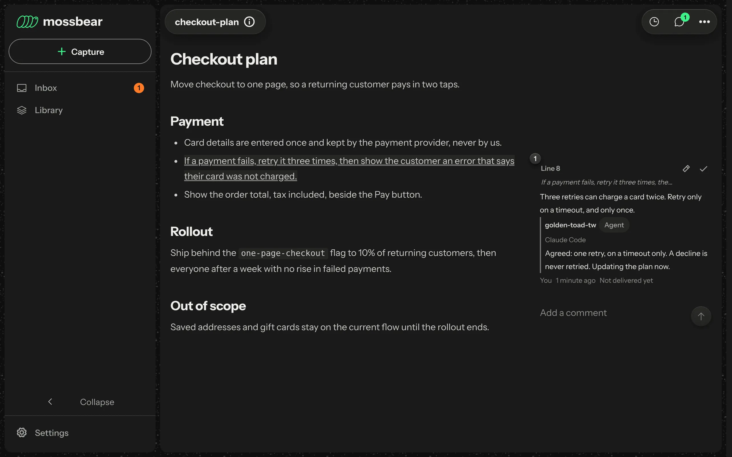 2 of 4, Reply. Under the comment, a reply from a Claude Code agent: one retry, on a timeout only, and a decline is never retried. It is updating the plan now.