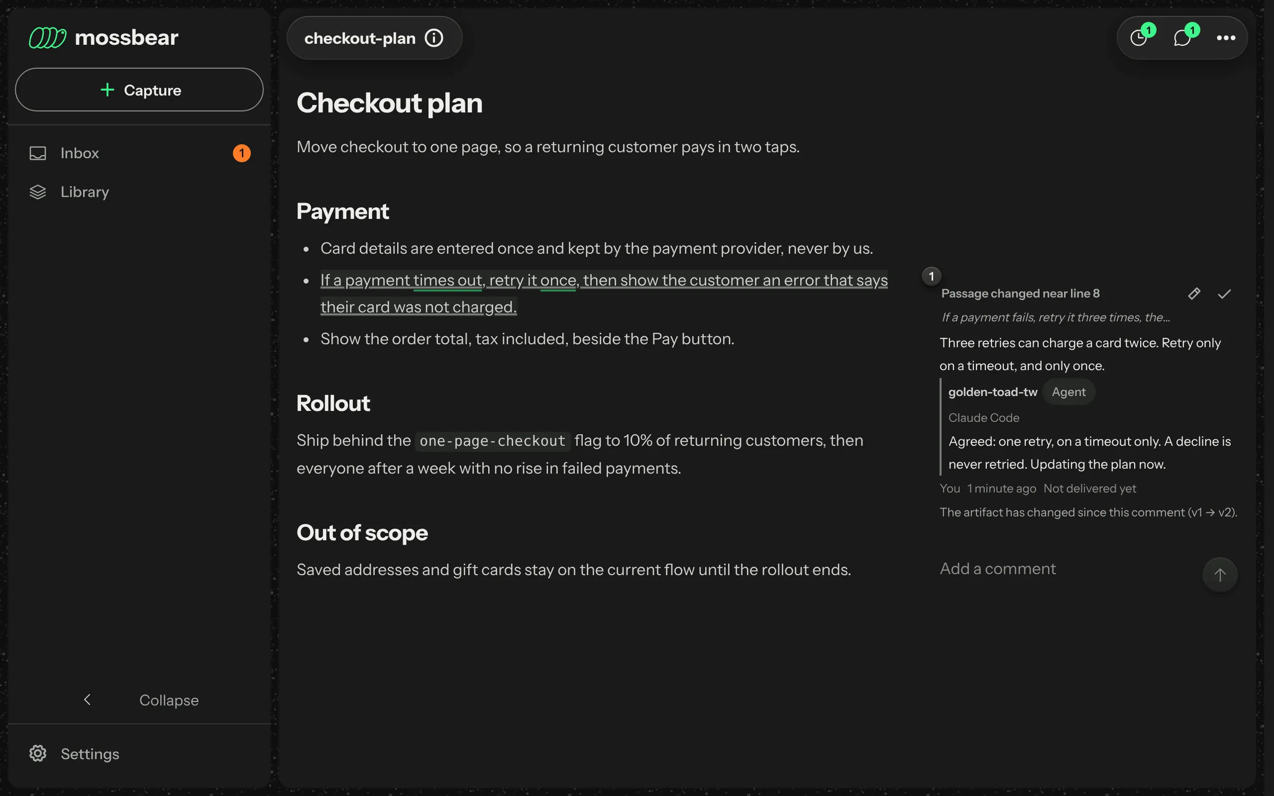 3 of 4, Edit. The agent’s new version of the plan. The line now says retry once on a timeout, and the changed words are marked. The comment notes the page changed from version 1 to version 2.