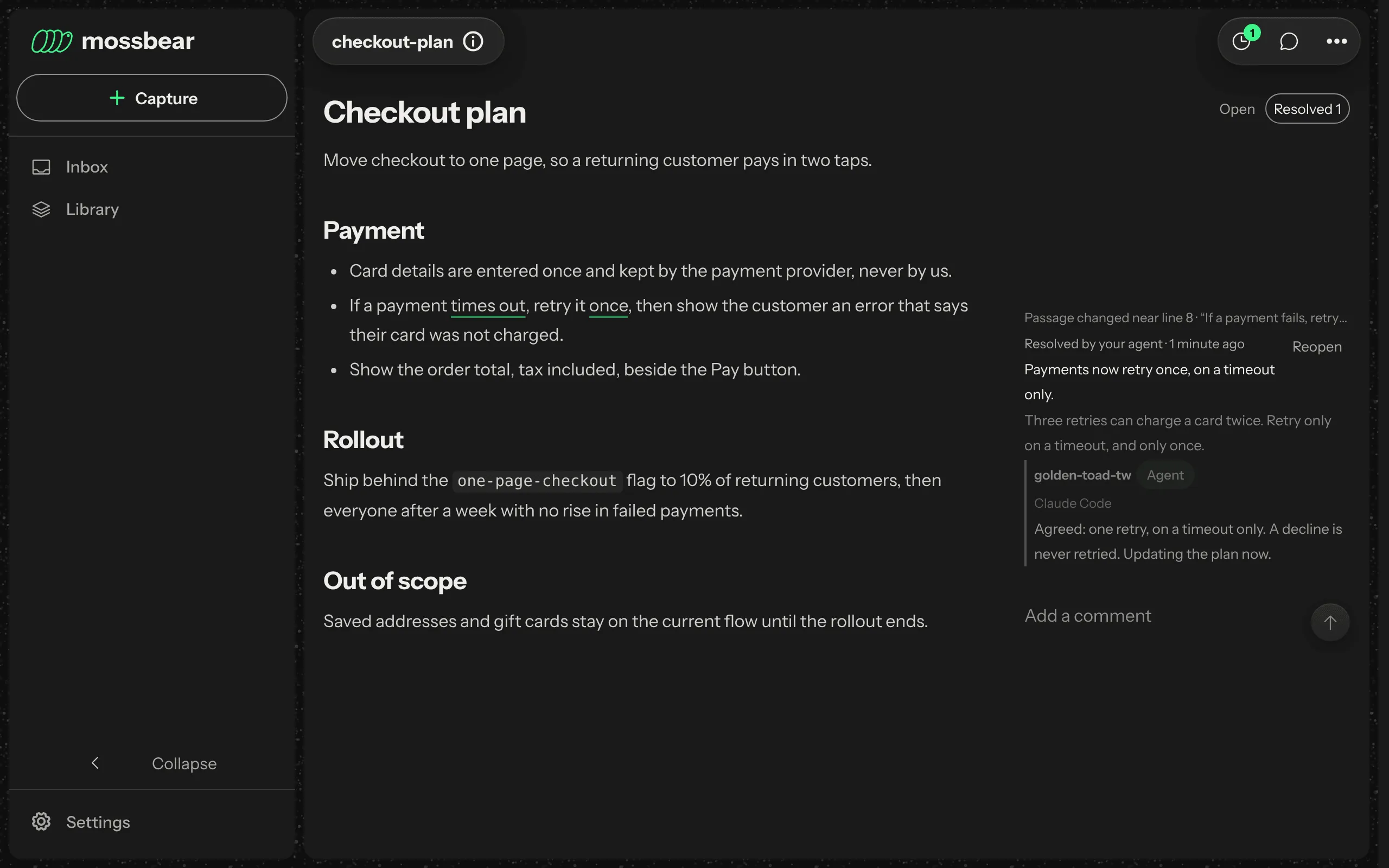 4 of 4, Resolved. The thread resolved by the agent, with its note: payments now retry once, on a timeout only.
