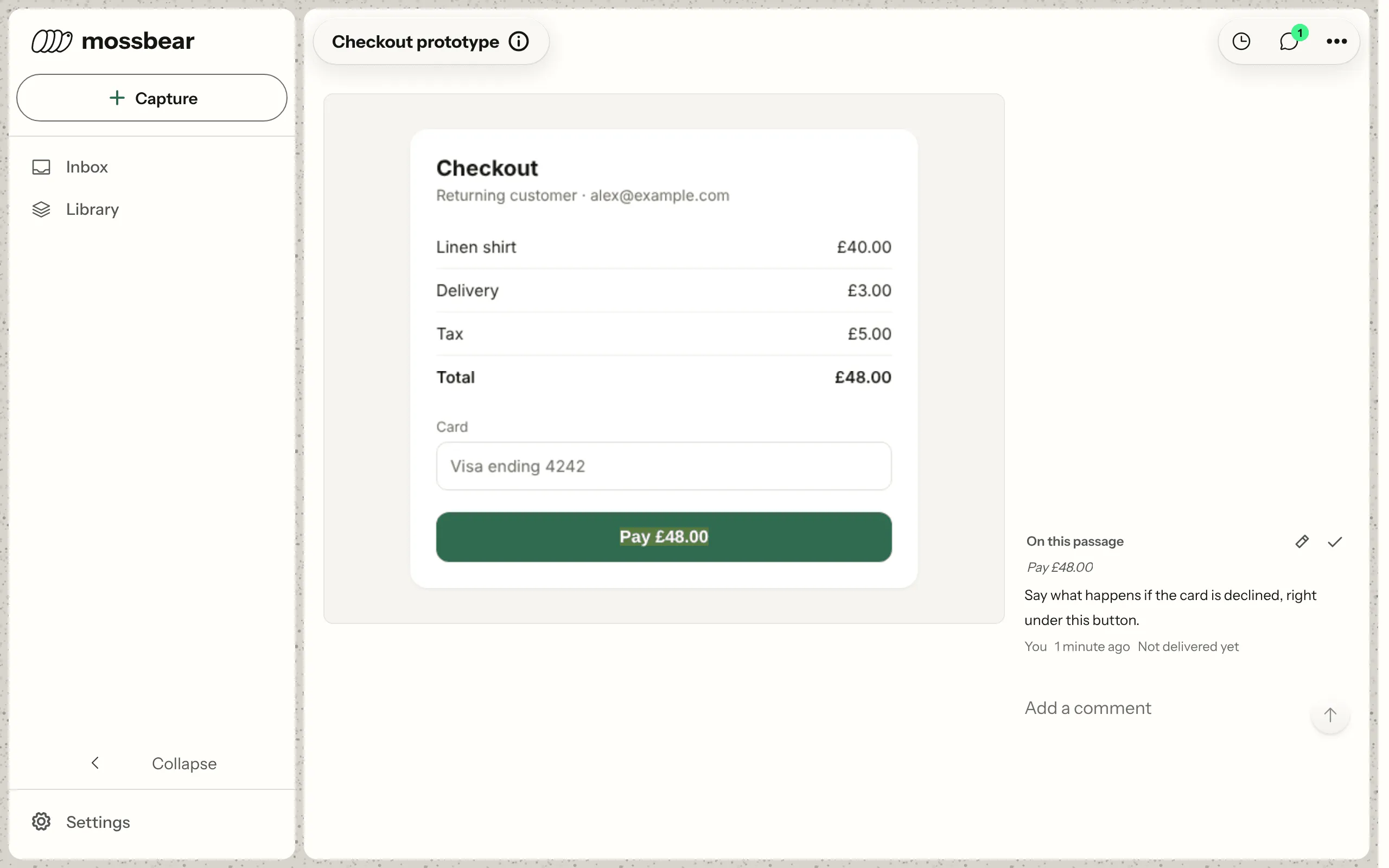 A checkout mockup running on its page in the Mossbear dashboard. The Pay button is highlighted, and the comment beside it, from you, asks to say what happens if the card is declined, right under the button.